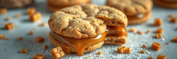 Delicious caramel-filled cookies with a soft texture served on a light surface photo