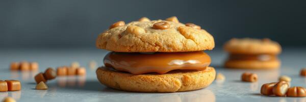 Cookie sandwich filled with caramel and surrounded by chocolate pieces on a clean surface photo