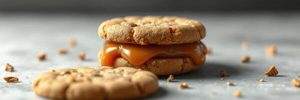 Delicious caramel-filled cookies on a marble surface with sprinkles of toffee bits in the background photo