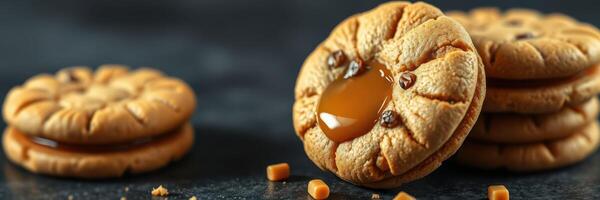 Homemade caramel-filled cookies freshly baked on a dark kitchen countertop showcasing traditional dessert preparation photo