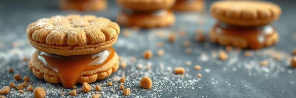 Delicious cookies filled with caramel and cream on a dark surface with sprinkled sugar and crushed nuts photo