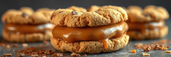 Delicious cookies filled with caramel sauce and chocolate chips, perfect for dessert or a sweet snack photo