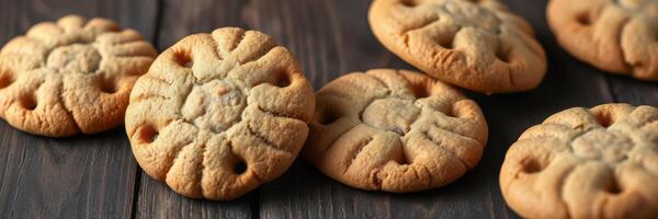 Delicious round cookies with floral patterns arranged on a wooden surface photo