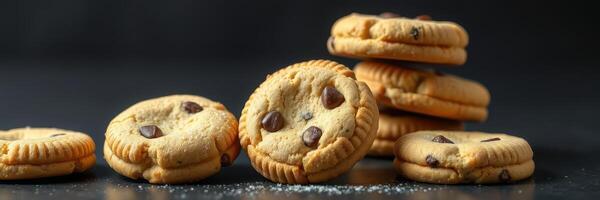 Delicious chocolate chip cookies stacked with a sprinkle of sugar on a dark surface photo