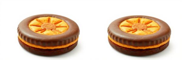 Unique chocolate and orange cream sandwich cookies displayed on a white background in a simple arrangement photo