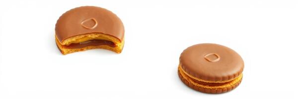 Crispy cookies with creamy filling and chocolate coating displayed on a white background photo