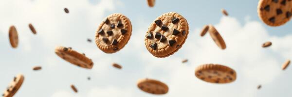 Floating chocolate chip cookies hover against a clear blue sky during a whimsical daytime scene photo