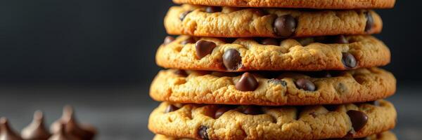 Enjoying freshly baked chocolate chip cookies stacked high on a dark background photo