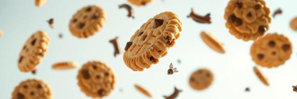 Delicious cookies floating in a clear blue sky create a whimsical and appetizing atmosphere for dessert lovers photo
