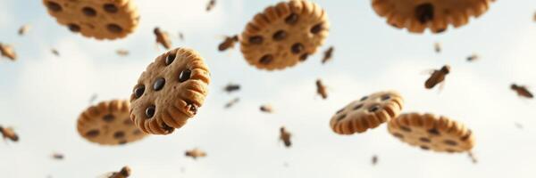 Floating chocolate chip cookies and buzzing bees create a whimsical outdoor scene photo
