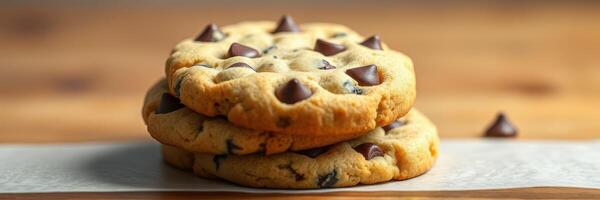 Soft chocolate chip cookies stacked on parchment paper with chocolate chips scattered nearby photo