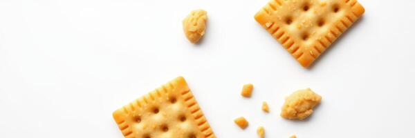 Crackers and crumbs scattered on a clean surface, showcasing a light snack ready for enjoyment any time of day photo