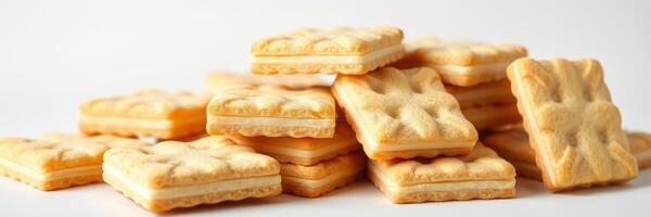 Delicious stack of creamy vanilla wafers arranged on a white surface inviting snack lovers to indulge photo
