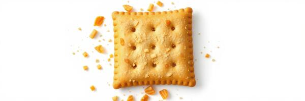 Crunchy snack biscuit surrounded by scattered crumbs on a clean surface photo