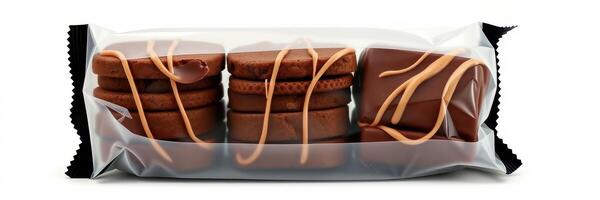 Delicious chocolate cookies with caramel drizzle in clear packaging for snack lovers photo