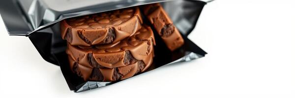 Delicious chocolate wafers stacked in metallic packaging ready for enjoyment photo