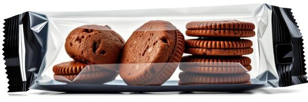 Delicious chocolate cookies packaged in clear plastic wrap ready for sharing and enjoyment photo