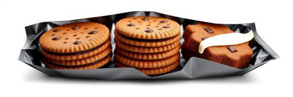Delicious chocolate chip and cream-filled cookies arranged neatly in a black tray photo