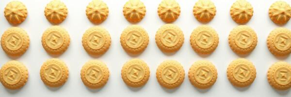 Golden cookies lined up in neat rows on a white surface, showcasing intricate designs and a uniform appearance during a baking session photo