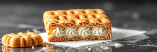 Delicious cream-filled wafer dessert on a marble surface with soft shadows photo