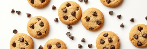 Freshly baked chocolate chip cookies arranged on a clean surface with chocolate chips scattered around photo