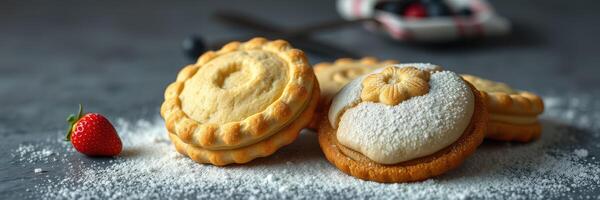 delicioso hecho en casa galletas en un gris encimera con en polvo azúcar y Fresco fresas foto