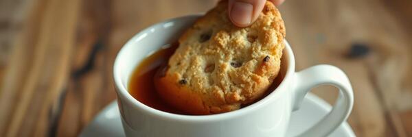 Enjoying a cookie dipped in hot tea during a relaxed afternoon at home photo