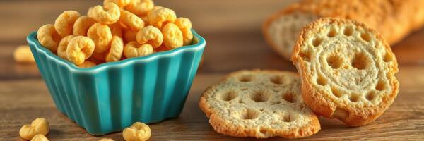 Crunchy snacks in a teal bowl beside sliced crackers on a wooden table photo