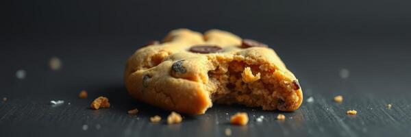 Delicious chocolate chip cookie with a bite taken out on a dark background showcasing its texture and crumbs photo