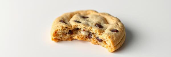 Delicious chocolate chip cookie with a bite taken out, showcasing its soft texture and chocolate morsels photo