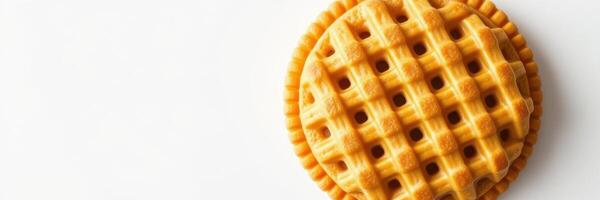 Sweet and crispy waffle cookie stacked with a smooth filling against a minimal background photo