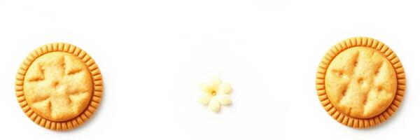 Delicious cookies arranged on a white background with a small flower as decoration during a sweet treat moment photo