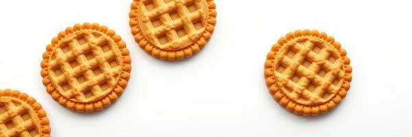 Delicate round cookies arranged on a white surface featuring a unique waffle pattern photo