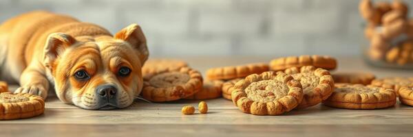 Cute dog resting beside freshly baked cookies on a wooden table in a cozy kitchen setting photo