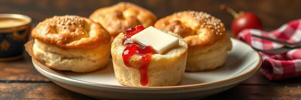 Freshly baked biscuits topped with butter and strawberry jam on a rustic wooden table photo