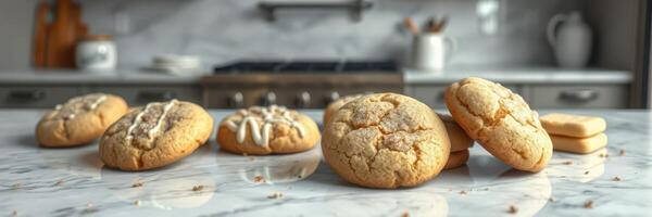Freshly baked cookies on a marble counter in a modern kitchen with a cozy atmosphere photo