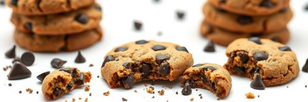 Classic chocolate chip cookies are freshly baked and ready to enjoy on a white surface with chocolate chips scattered photo