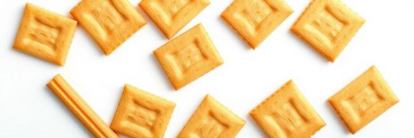 Assorted golden crackers arranged neatly on a white background with a breadstick photo