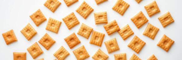 Crunchy snack crackers scattered on a white surface invite a tasty treat for any occasion photo
