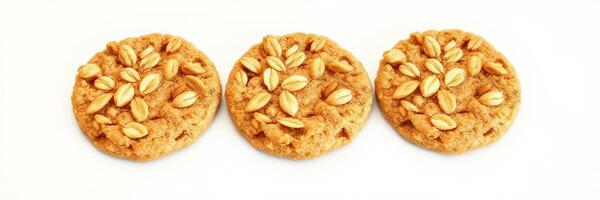 Oatmeal cookies on a white background showcasing a delicious treat ideal for snacking or dessert photo