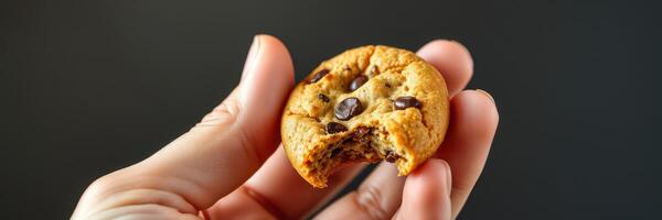 Delicious bite-sized chocolate chip cookie held by a hand against a dark background photo