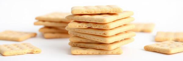 Stacked biscuits arranged on a clean surface with scattered pieces around during daylight photo