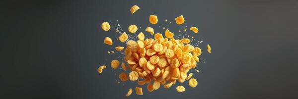Crunchy golden cereal pieces falling in mid-air with a dark background during an advertising campaign photo