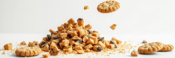 Enjoying the delightful moment of cookies flying above a pile of crumbs and broken pieces on a clean surface in a bright kitchen setting photo