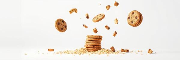 Cookies flying in the air above a stack with crumbs scattered around on a light background photo
