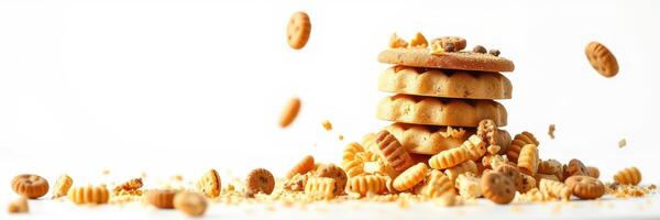Cookies scatter around a stack of freshly baked treats on a bright surface in a fun kitchen setting photo