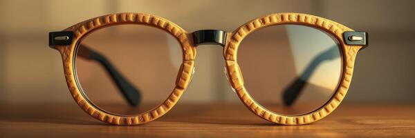 Unique round sunglasses with a textured frame gently resting on a wooden surface in warm lighting photo