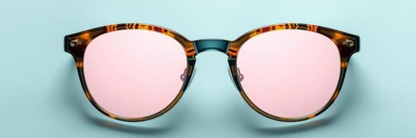 Stylish tortoiseshell sunglasses with pink lenses displayed against a light blue background for a trendy look photo