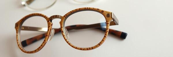 Stylish tortoiseshell glasses resting on a clean surface with additional eyewear in the background photo
