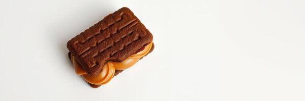 Delicious chocolate cookie filled with rich caramel served on a clean surface photo